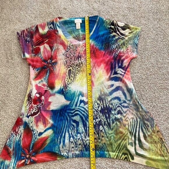 Y2k Floral Vibrant Artsy Asymmetrical Hem Colorful Flowy Tunic Top w Rhinestones - Picture 8 of 9